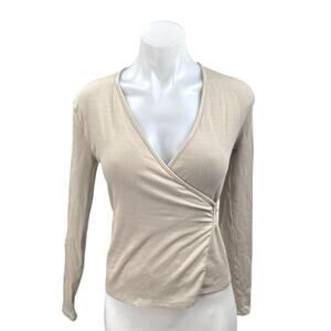 Udel NY Women's Beige Ribbed V-Neck Tie Waist Long Sleeve Wrap Blouse Top Sz XS